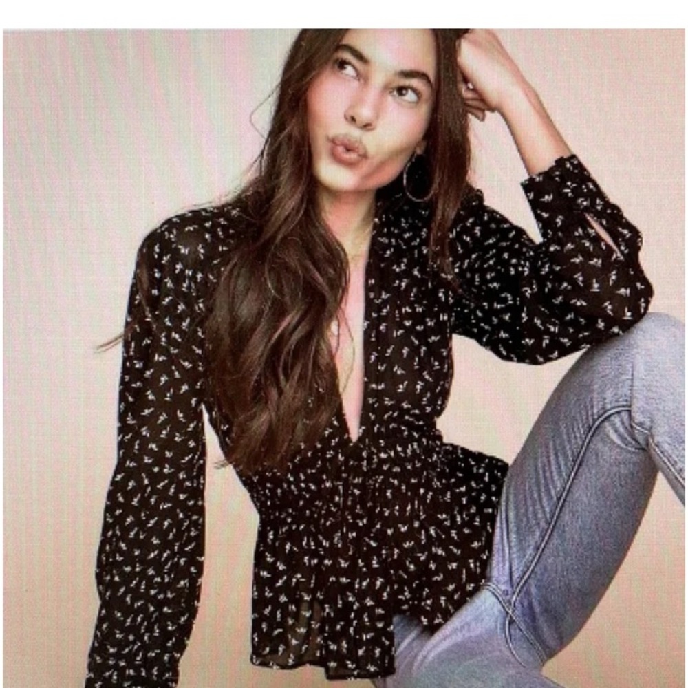 Free People Black Blouse with White Floral Design